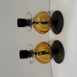 Erik Hoglund For Boda Set Of Two Iron And Amber Glass Candlestick Holders